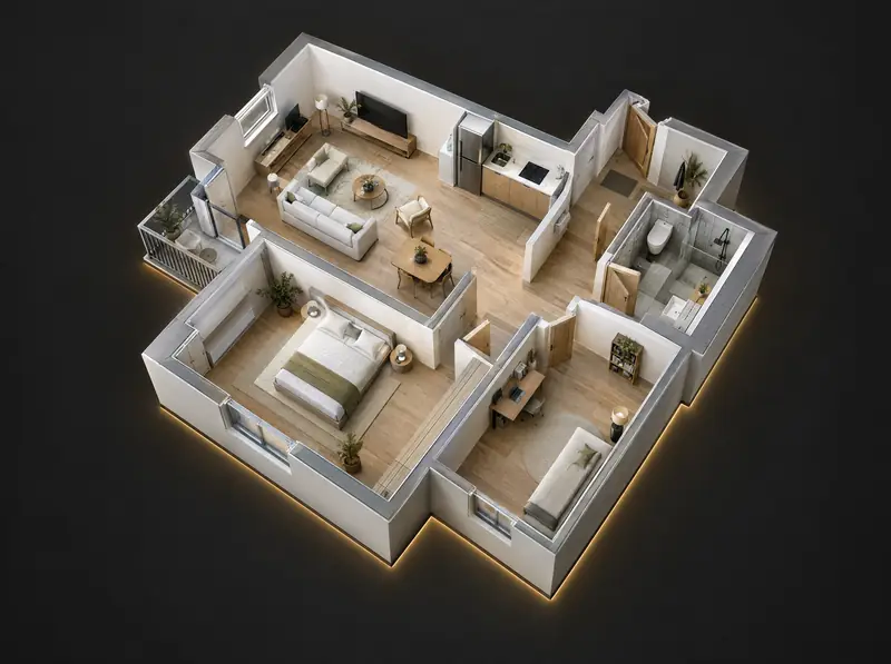 Ilustrační 3D model bytu v řezu (dollhouse)